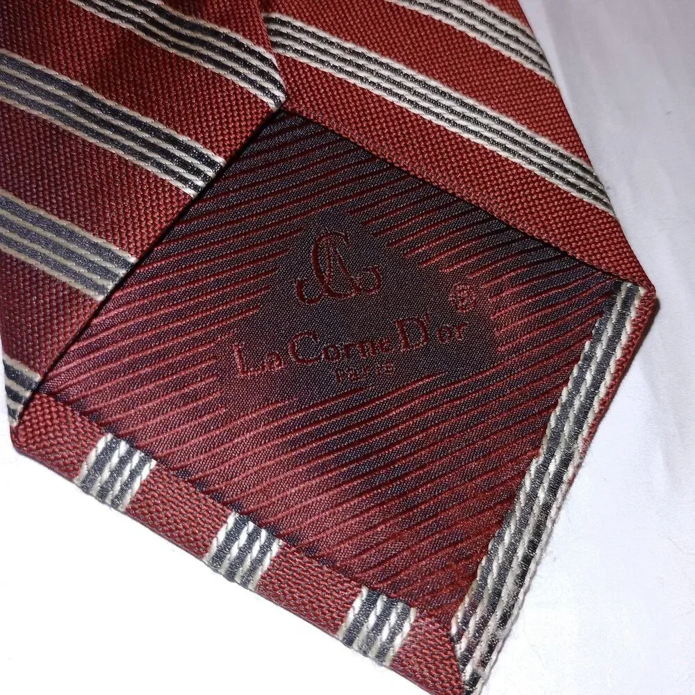 La Corne D'or Paris Tie Mens One Size Red Striped Woven Necktie Classic Pattern